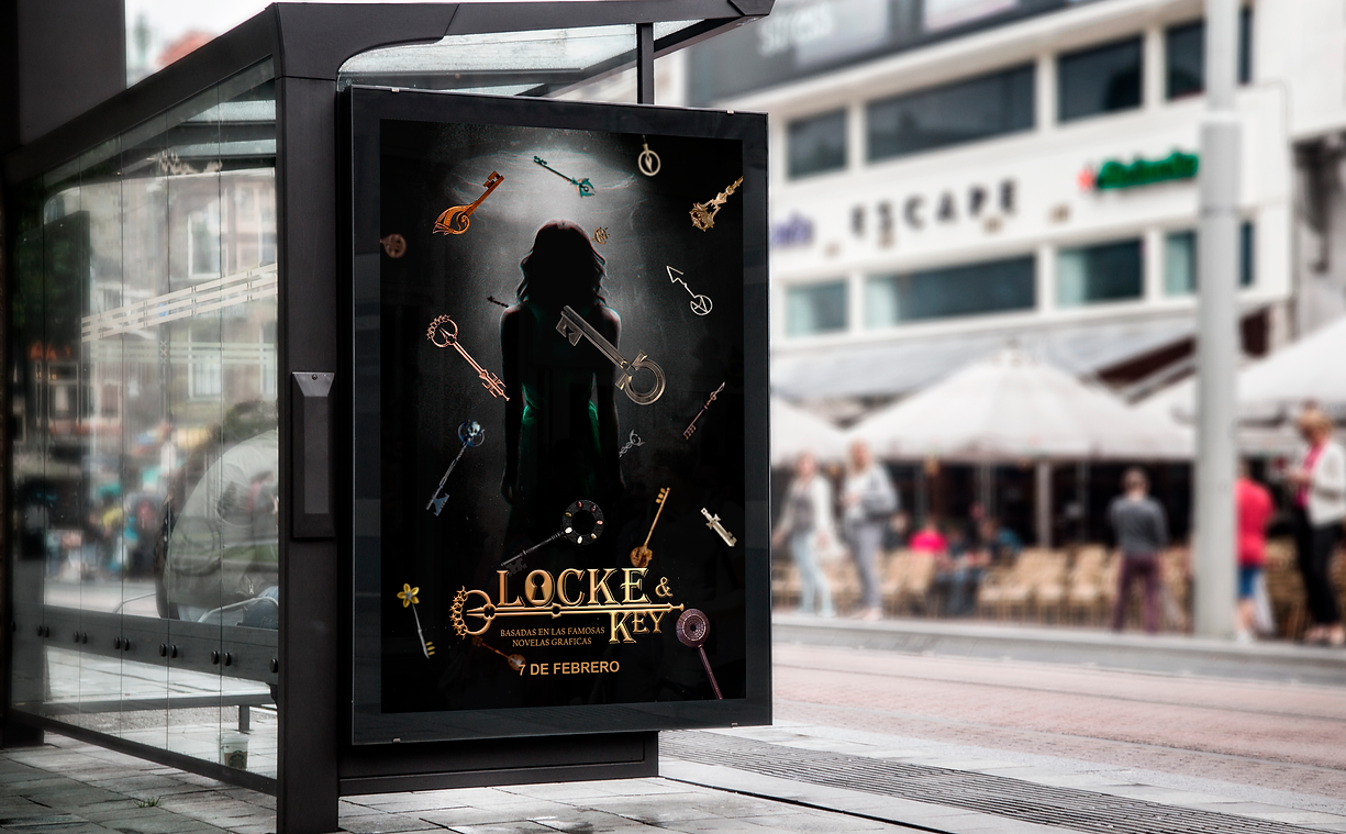 Cartel Locke & Key en una marquesina de la calle